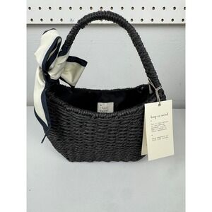 A New Day Black Woven Straw Handbag with Cream Bow‎ Ethically Handcrafted NWT